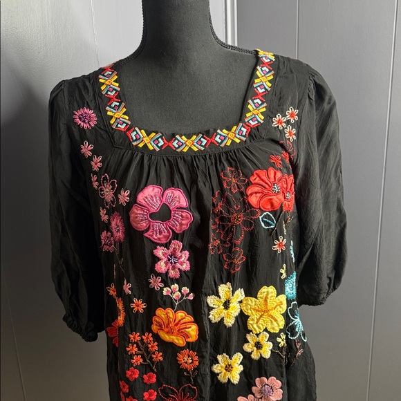 Johnny Was Black Top with Multicolor Floral Embroidery - Picture 3 of 5